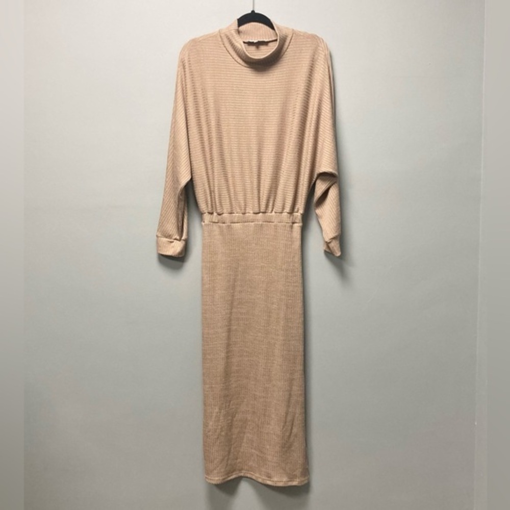 Moodie Tan Ribbed Mock Neck Dolman Sleeve Elastic Waist Midi Dress Medium M70432